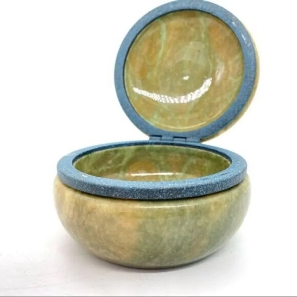 Vintage Italian Genuine Hand Carved Round Alabaster Trinket Box
